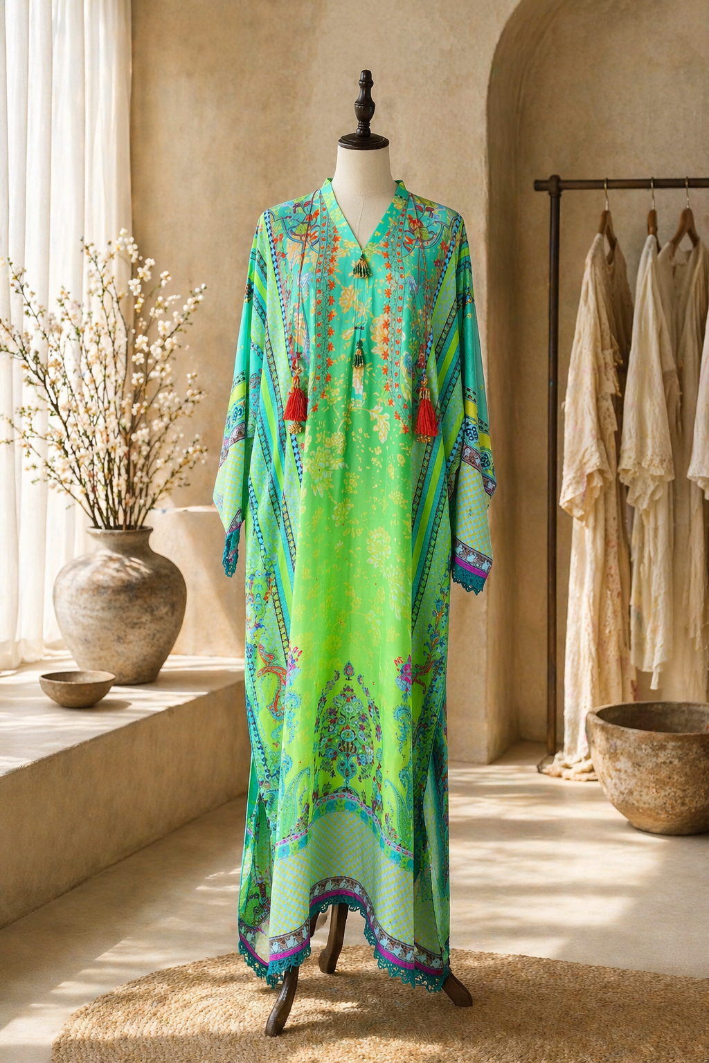 SEREIN 14 Multi-hued Green digitally printed Kaftan