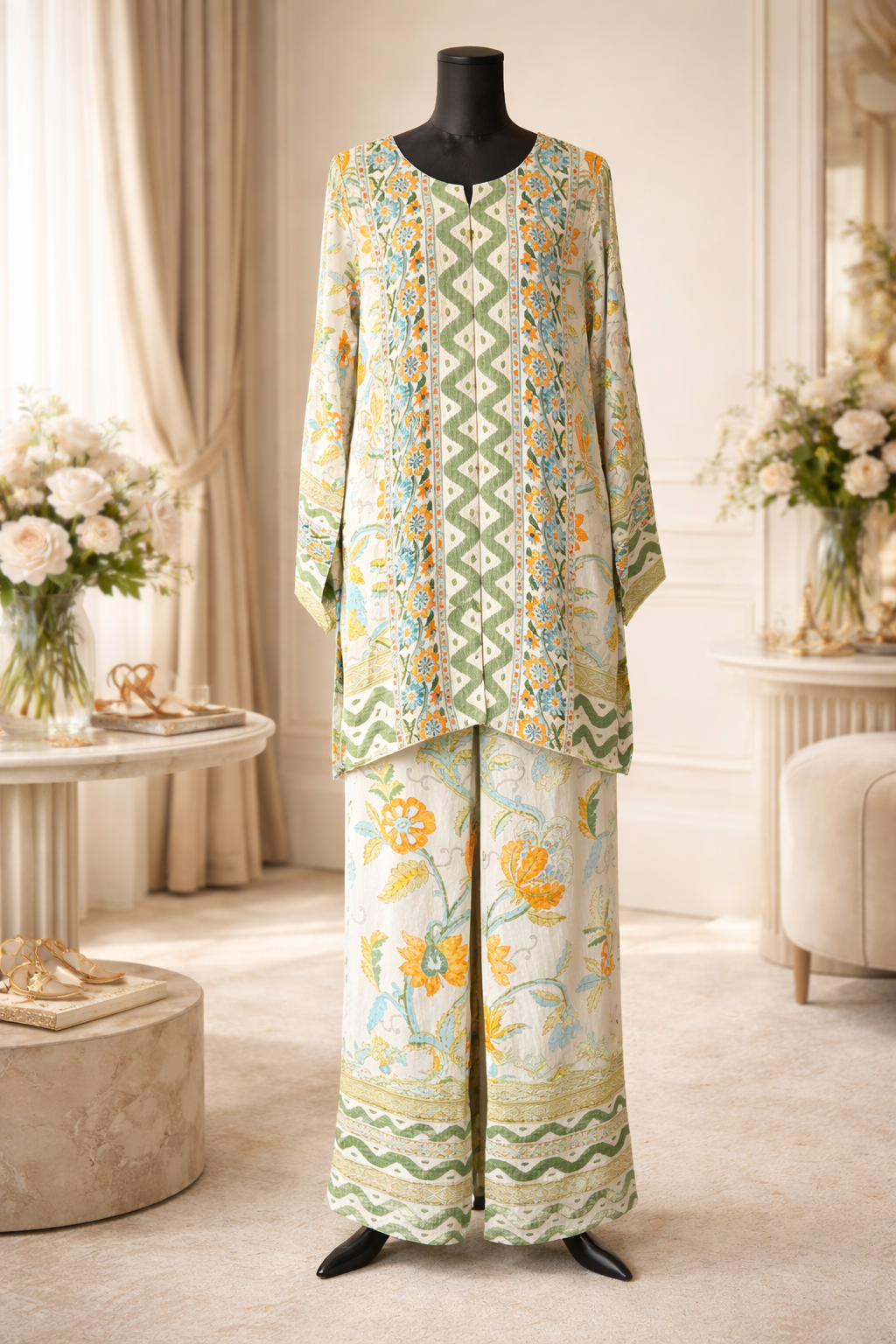 SEREIN 18 Off-White/Green Co-Ord Set