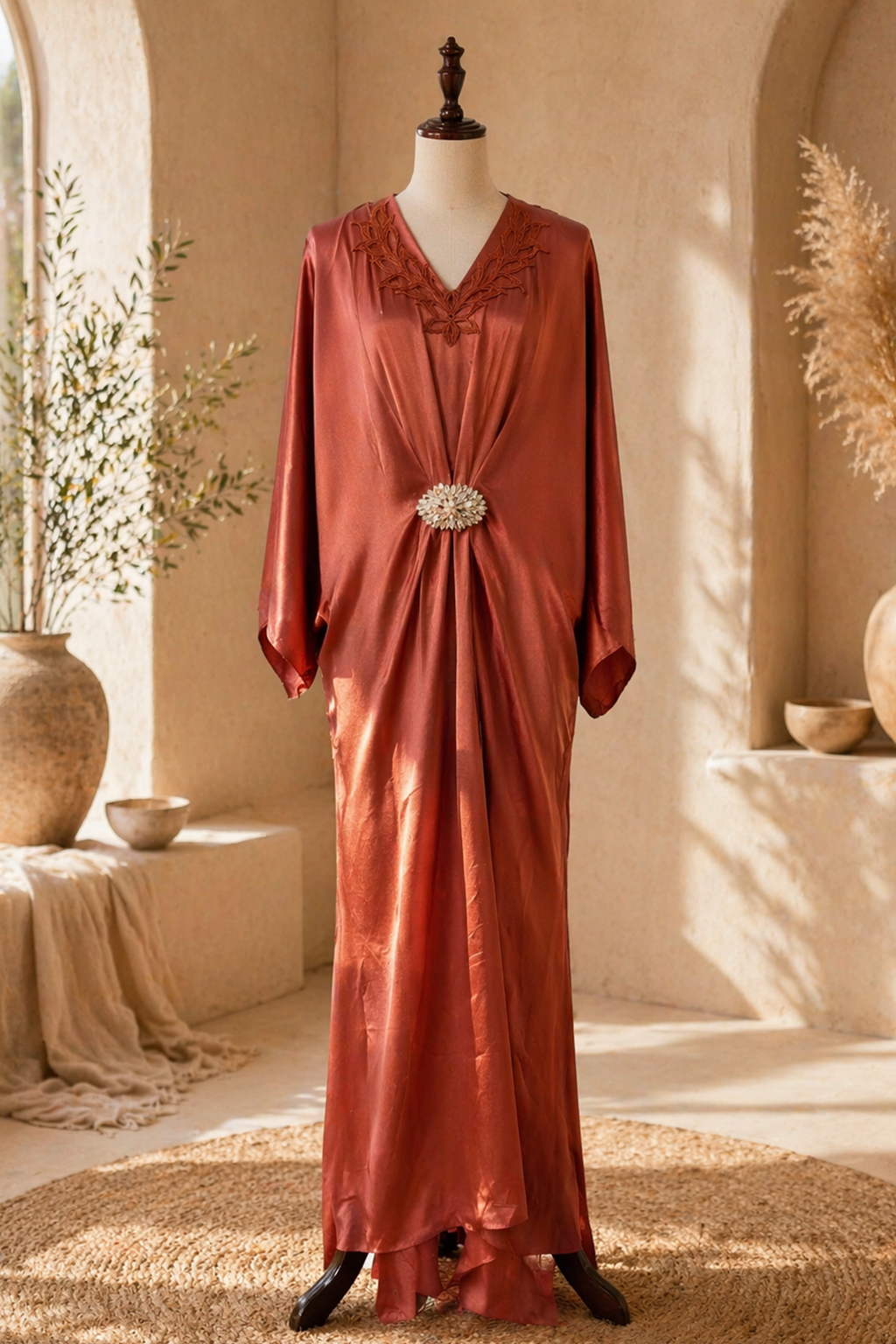SEREIN 09 Rust Solid Color Kaftan With Cutwork Neckline
